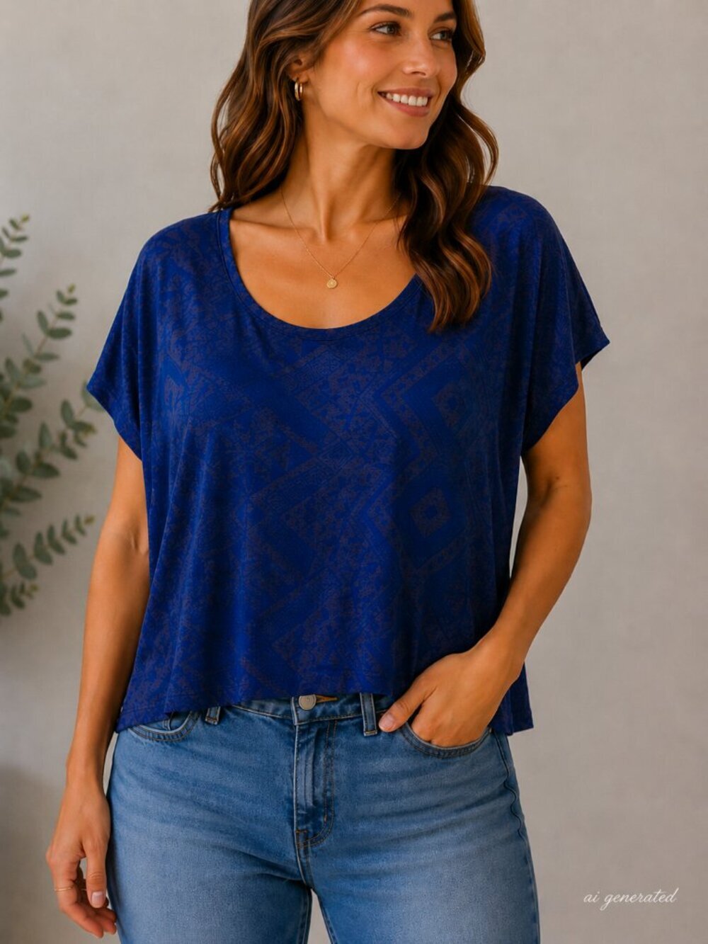 Daytrip Womens Blue Geometric Print Double Strap Open Back Top Boho Shirt